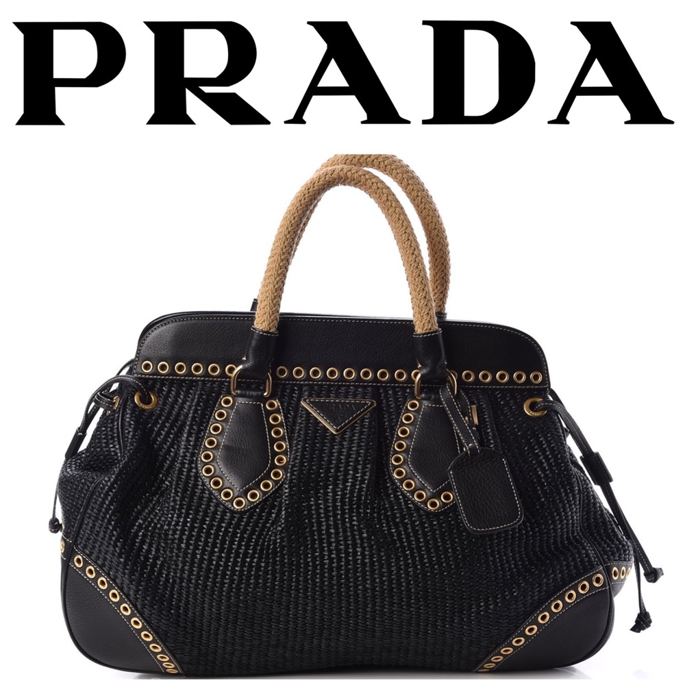 💯Auth PRADA Paglia Vitello Danio Large Raffia Style Straw Bag
